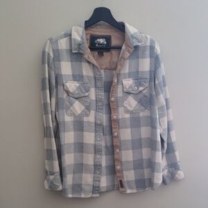 Roots Plaid Grey And White Shirt, Elbow Patches Button-up Flannel 100% Cotton